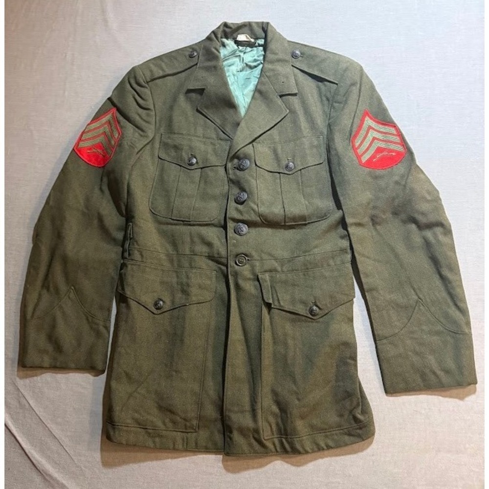 Vintage US Marine Corps Officer Uniform Jacket 40 Coat Military Dress Green Wool